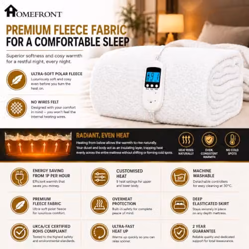 Homefront Single Size Premium Fleece Fitted Electric Heated Mattress Cover Underblanket in White, W/D/H: 203 x 107 x 40 cm – 7