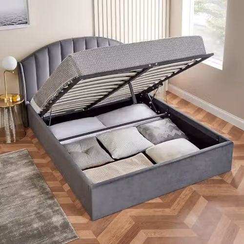 Home Treats Grey Velvet Ottoman Storage Bed Frame with Winged Padded Headboard and Pocket Sprung Mattress, W/D/H: 140 x 200 x 153 cm