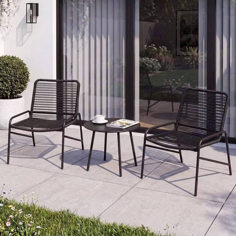 Gymax 3 Piece Black Polyrattan Bistro Set with Round Side Table for Garden, Balcony or Terrace