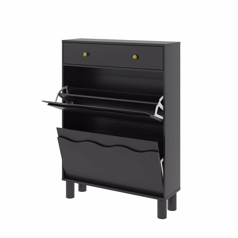 KEEPREAPER Modern Black Wood Shoe Cabinet with 2 Tilting Compartments and 1 Pull-Out Drawer – 2