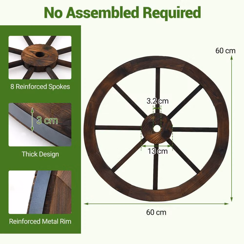 Costway Set of 2 Rustic Wood Wagon Wheels Vintage Wall Hanging Decoration, Brown, Diameter: 60.96 cm – 2