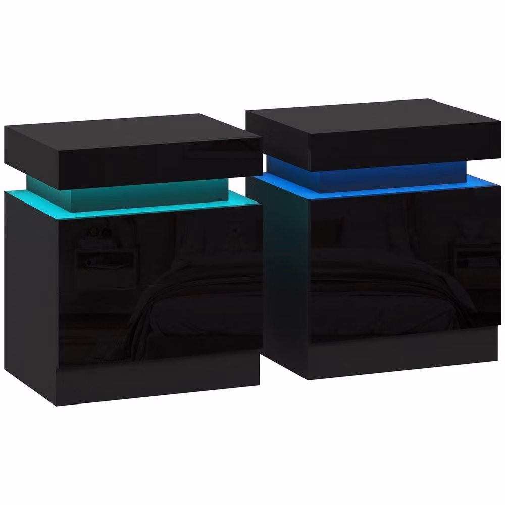 HOMCOM Set of 2 Modern High Gloss Bedside Tables with Integrated LED Lighting in Black – 2