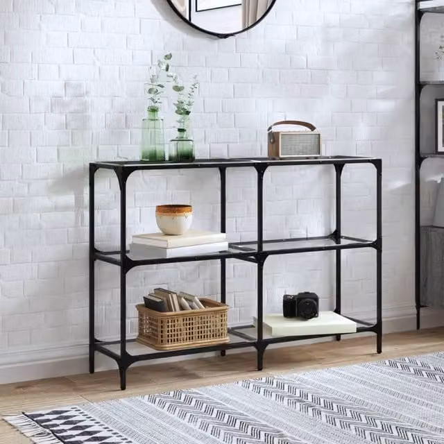 Berkfield Home Modern Console Table with Transparent Glass Top and Grey Steel Frame, W/D/H: 118.5 x 30 x 81 cm