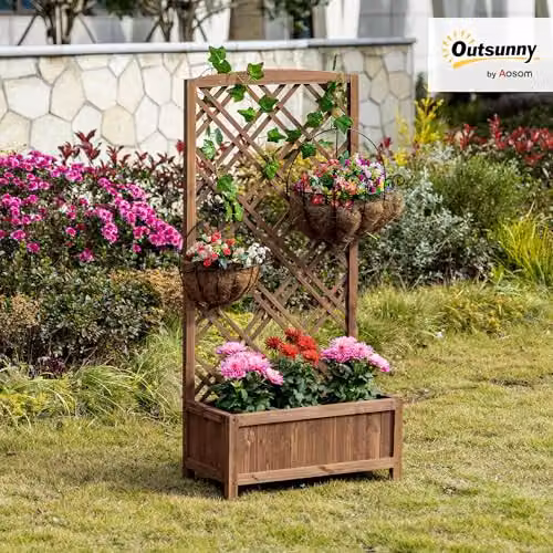 Outsunny Wooden Raised Bed Garden Planter with Trellis, Brown, W: 60 cm, D: 30 cm, H: 122.5 cm – 2