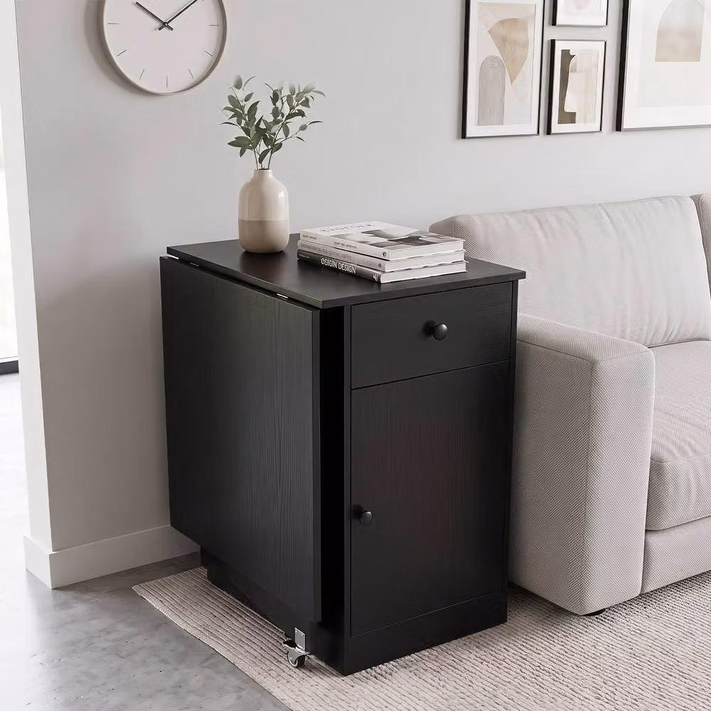 Costway Modern Black Folding Dining Table with Butterfly Drop Leaf and Drawer – 3