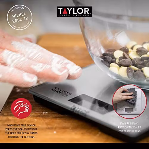 Taylor Pro Digital Kitchen Scales with Touchless Tare and Unit Conversion, Silver, 5kg Capacity – 3