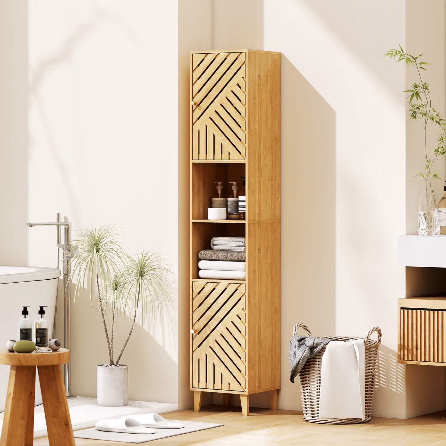 HOMCOM Multi-Storage Bamboo Bathroom Cabinet in Brown with Hinged Doors and Internal Shelves, H: 170 cm, W: 32 cm, D: 14.5 cm – 2