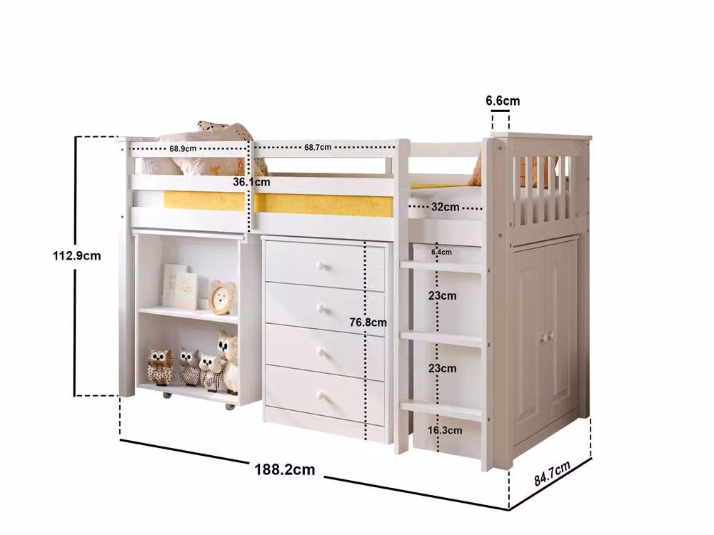 Flair Soban Shorty Midsleeper Cabin Bed with Desk and Drawers in White and Yellow – 2