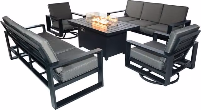 Furniture One Grey Aluminium Garden Sofa Set with Large Fire Pit Table, 2 Swivel Chairs and 2x 3-Seat Sofas