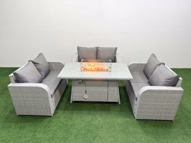Fimous 6 Seater PE Wicker Rattan Garden Furniture Set with Firepit Dining Table and 2 Seater Love Sofa in Light Grey