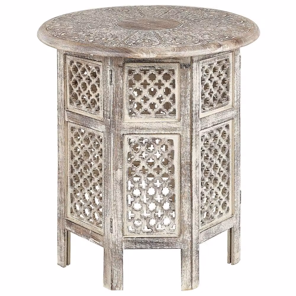 Wyld and Coco Mango Wood Side Table in Brown with Round Top and Octagonal Geometric Base, Diameter: 53 cm – 2