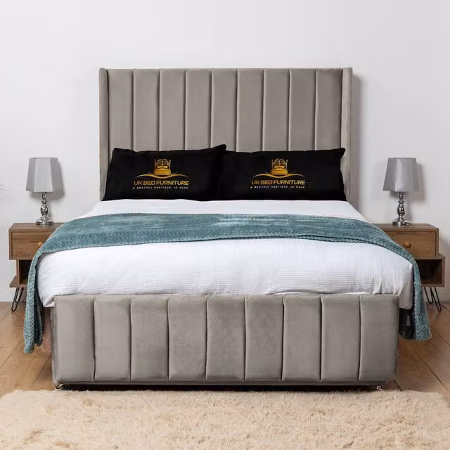 UK Bed Furniture Arizona Wingback Divan Bed Base with 54 Inch Headboard in Light Beige, Size: Double (W/D/H: 140 x 200 cm)