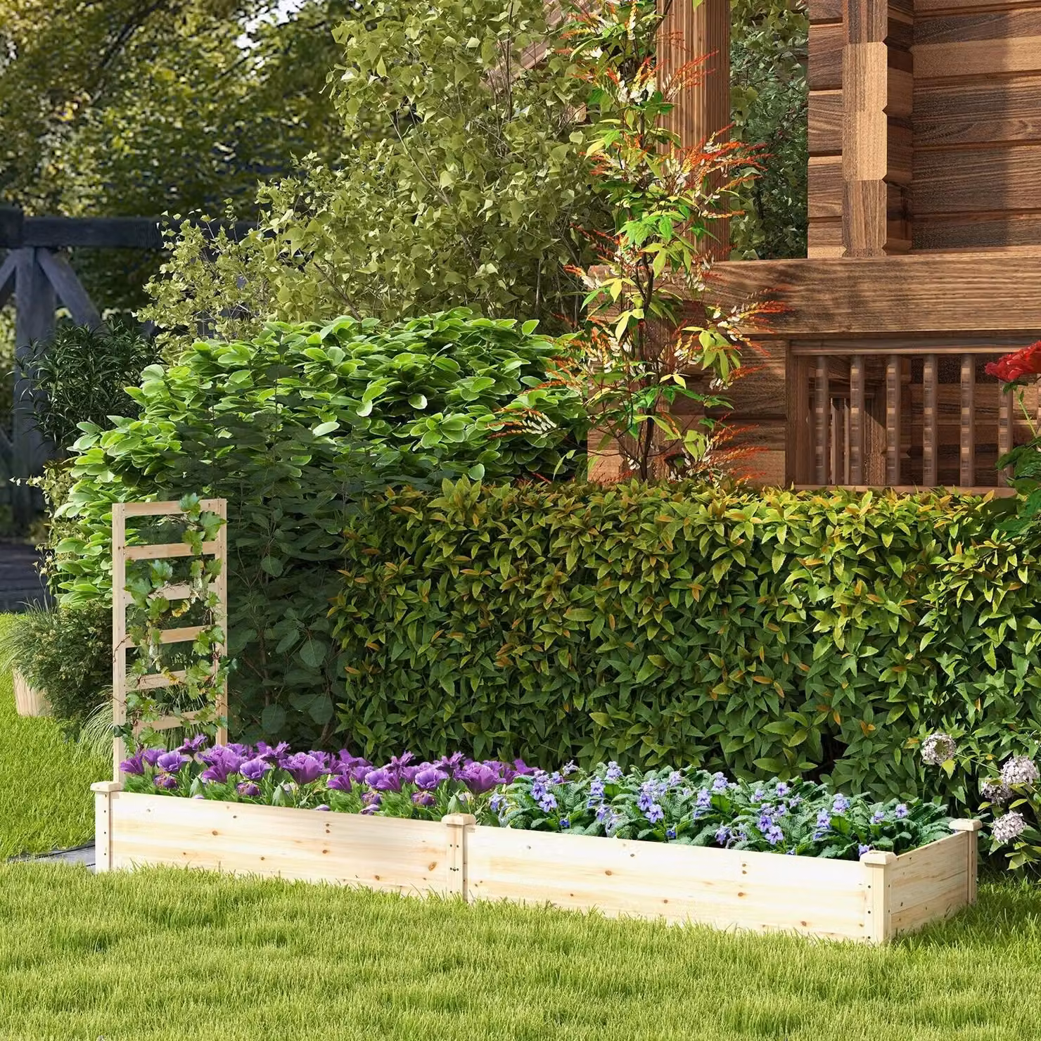 Costway Wooden Raised Garden Bed with Planter Box and Trellis in Natural Brown – 2