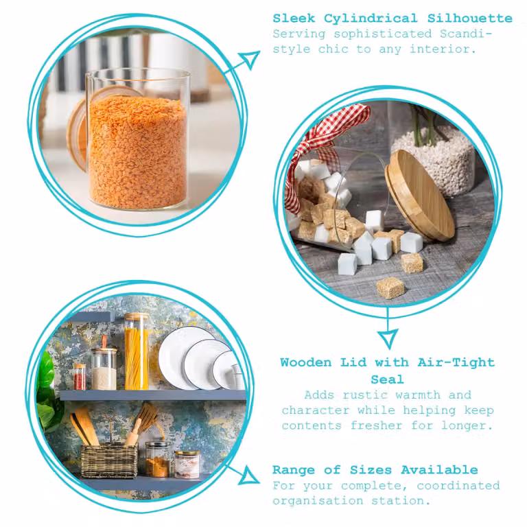 Argon Tableware Set of 3 Scandi Round Glass Storage Jars with Airtight Wooden Lids, Clear, 750ml each