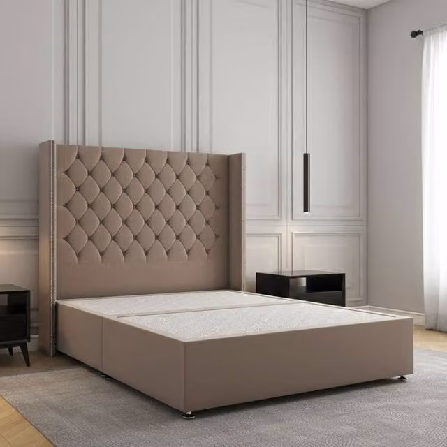 Regional Furnishings Luxury Small Double Divan Bed with 54 inch Plush Velvet Headboard in Bronze, W/D/H: 120 x 200 x 30.48 cm