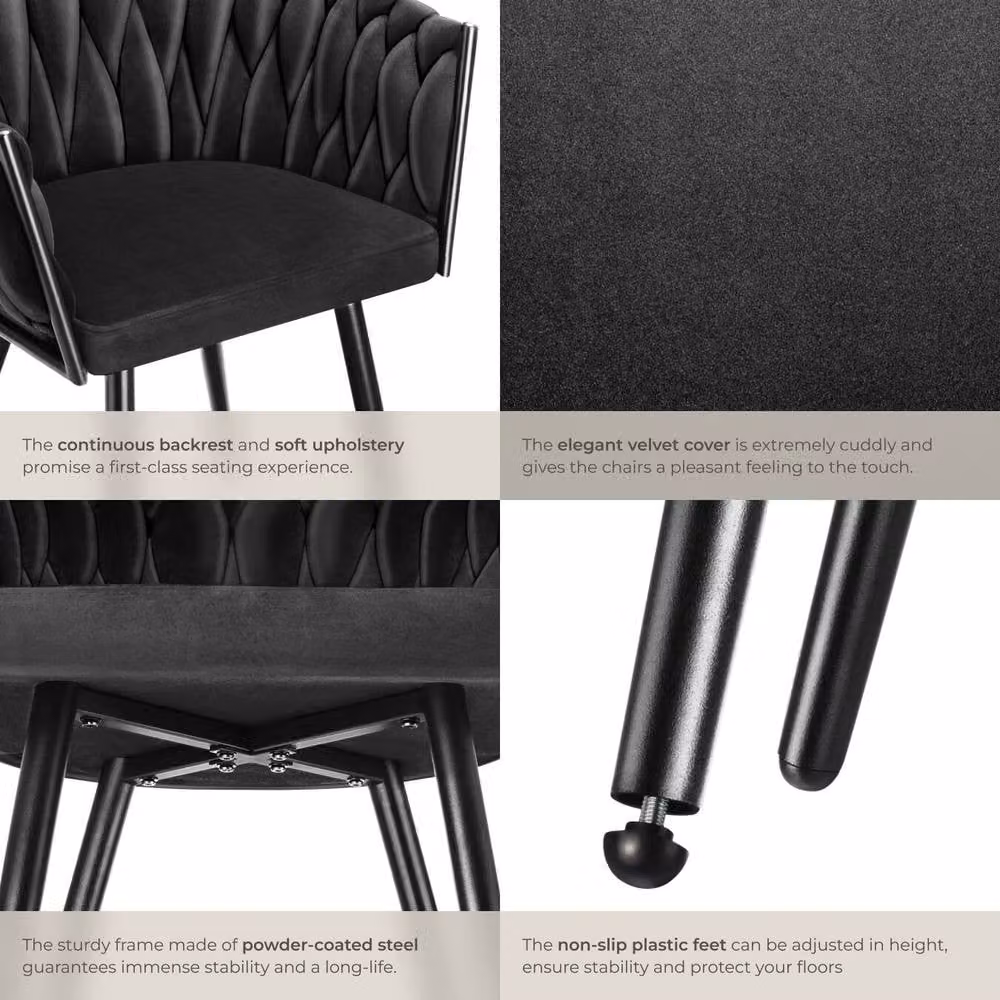 tectake Astano Dining Chair Set of 4, Black Velvet with Metal Frame and Knot Design – 5