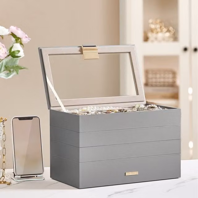 SONGMICS 4-Tier Stackable Jewellery Box with Lid, Grey and Transparent