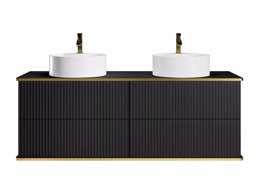 Vente-unique Suspended Ribbed Bathroom Cabinet with Gold Trim and Double Round Doors in Black, W/D/H: 150 x 47 x 54 cm – 2