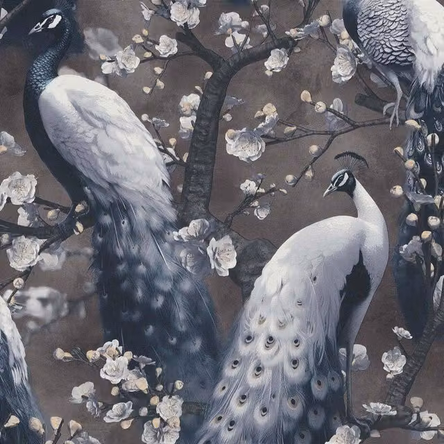 Erismann Peacock Floral Mural Wallpaper in Black and Blue
