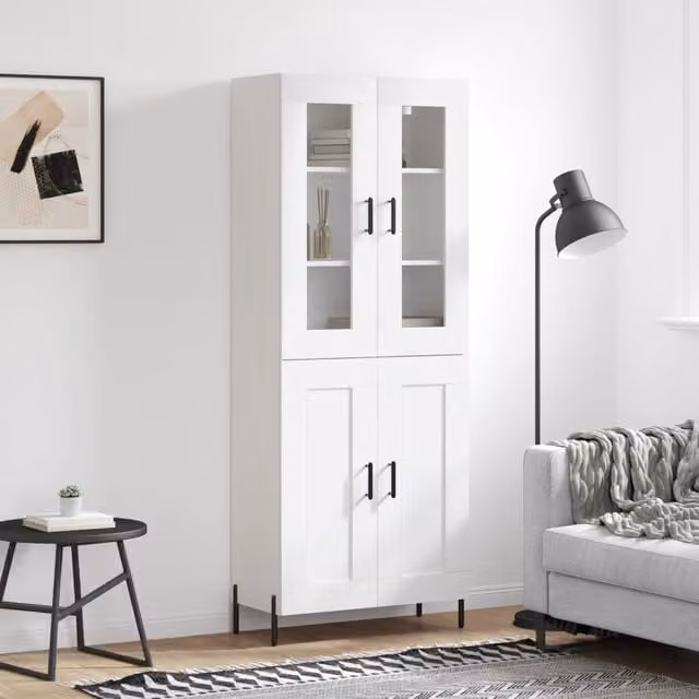 Berkfield Home Modern White Highboard with Glass Doors, W/D/H: 69.5 x 34 x 180 cm
