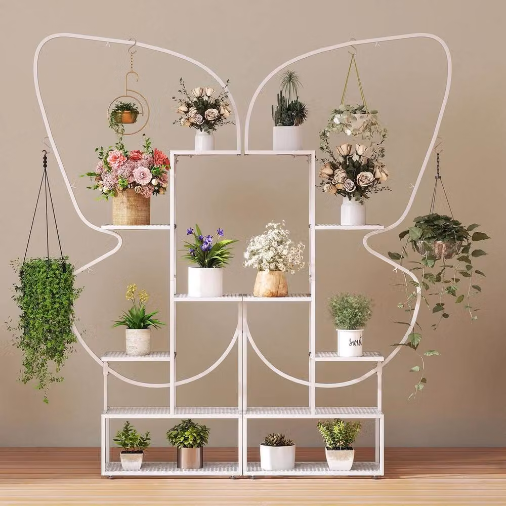VOGREX White 6-Tier Butterfly Metal Plant Stand, H 185 x W 26 x D 26 cm – 2