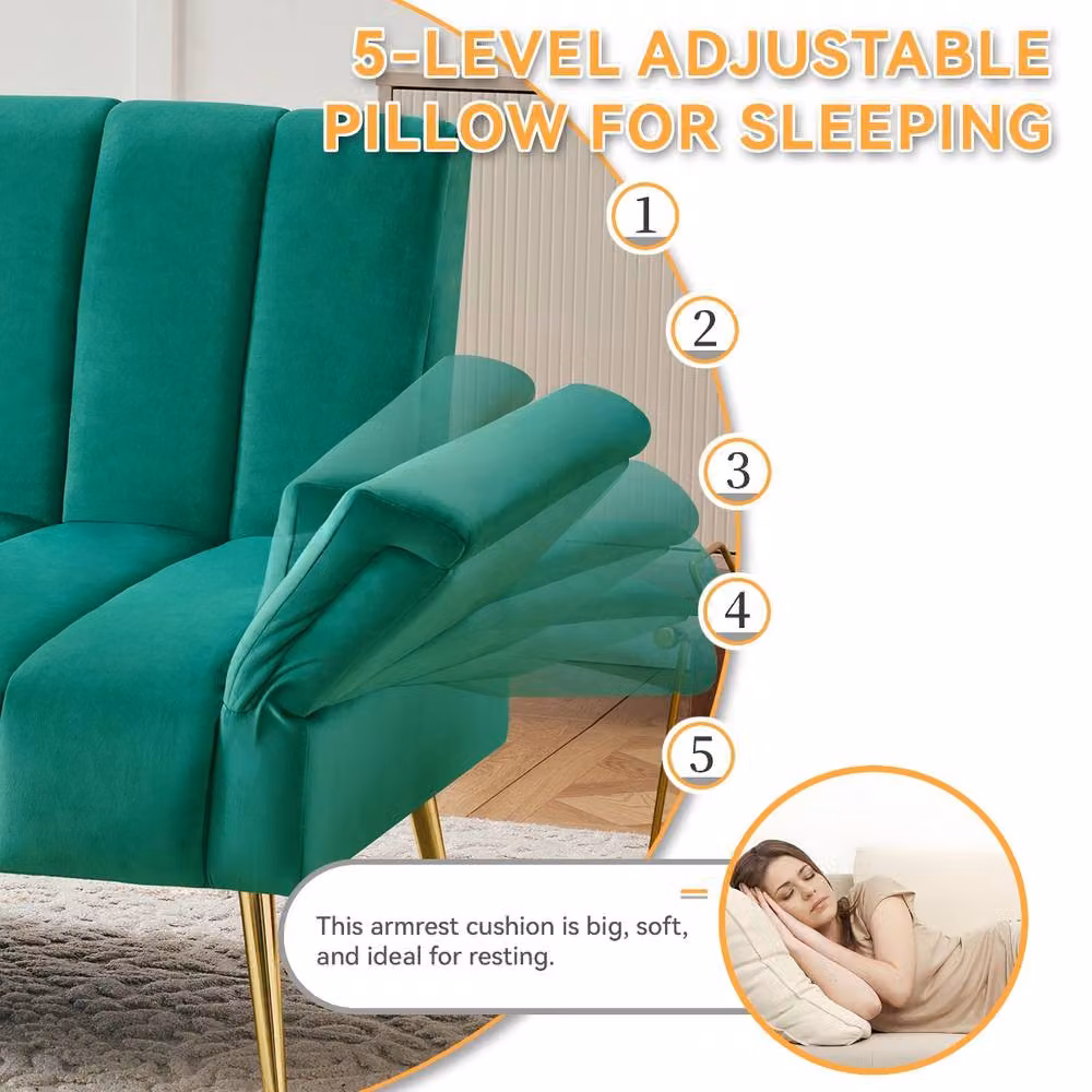 Rolipo Green Velvet 2 Seater Convertible Sofa Bed with Adjustable Headrest and Click-Clack Mechanism – 4