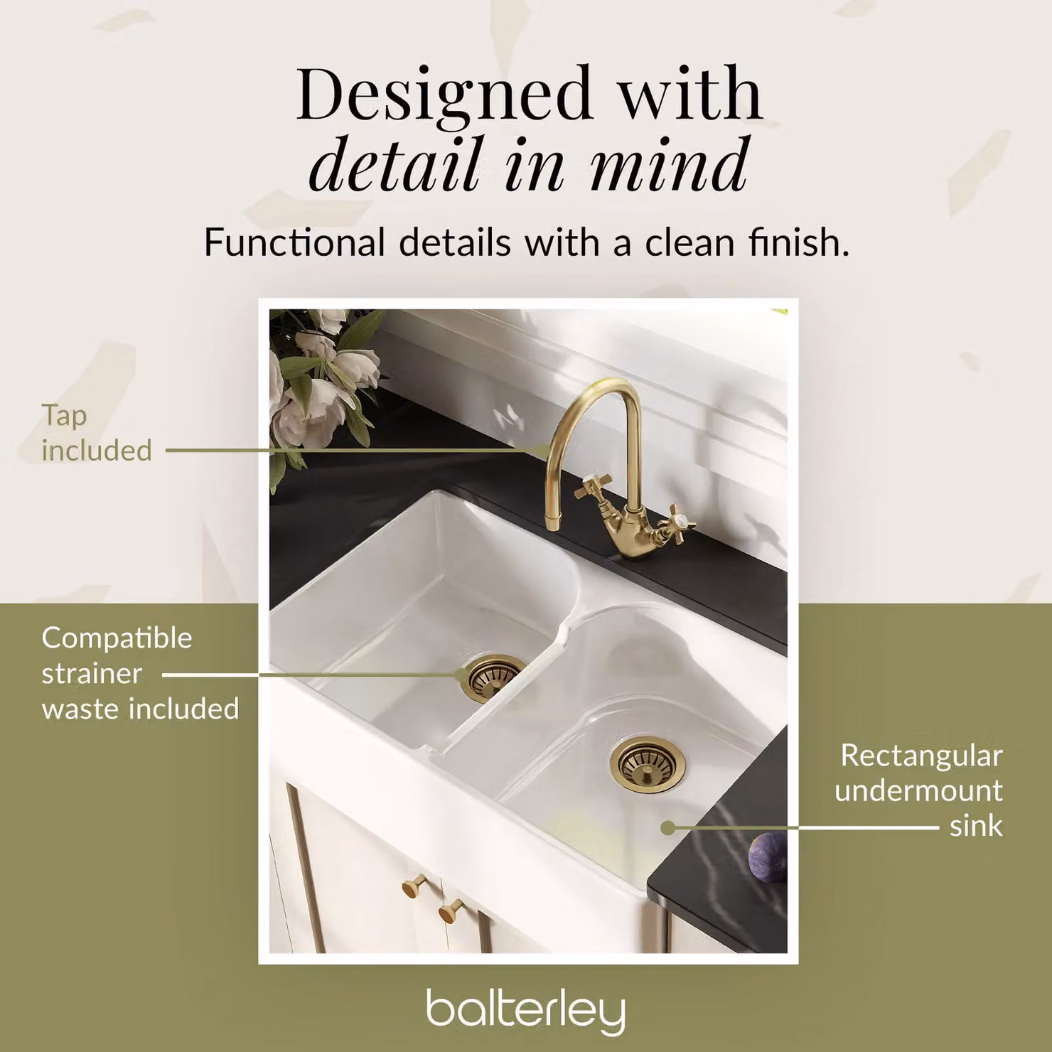 Balterley Ceramic Double Bowl Butler Sink with Mono Crosshead Mixer Tap and Wastes, White and Gold, W: 79.5 cm – 4