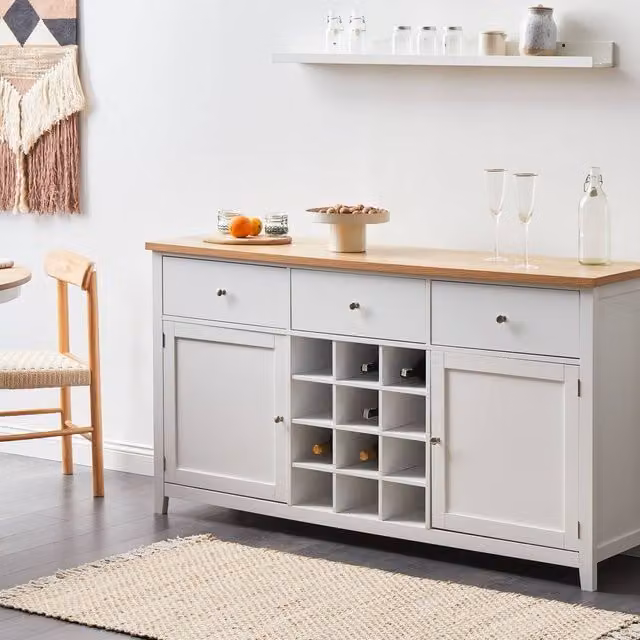 Wyld and Coco White MDF Sideboard with 2 Doors, Drawers and Wine Rack, W: 160 cm, D: 40 cm, H: 84 cm