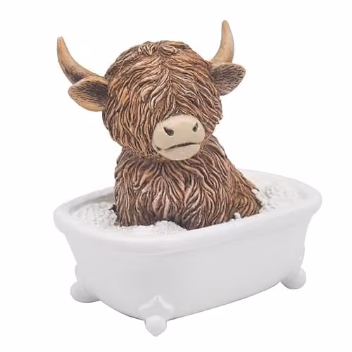 Garden Greatness Highland Cow Bath Time Ornament, Brown Multicolour Rustic Tabletop Figurine