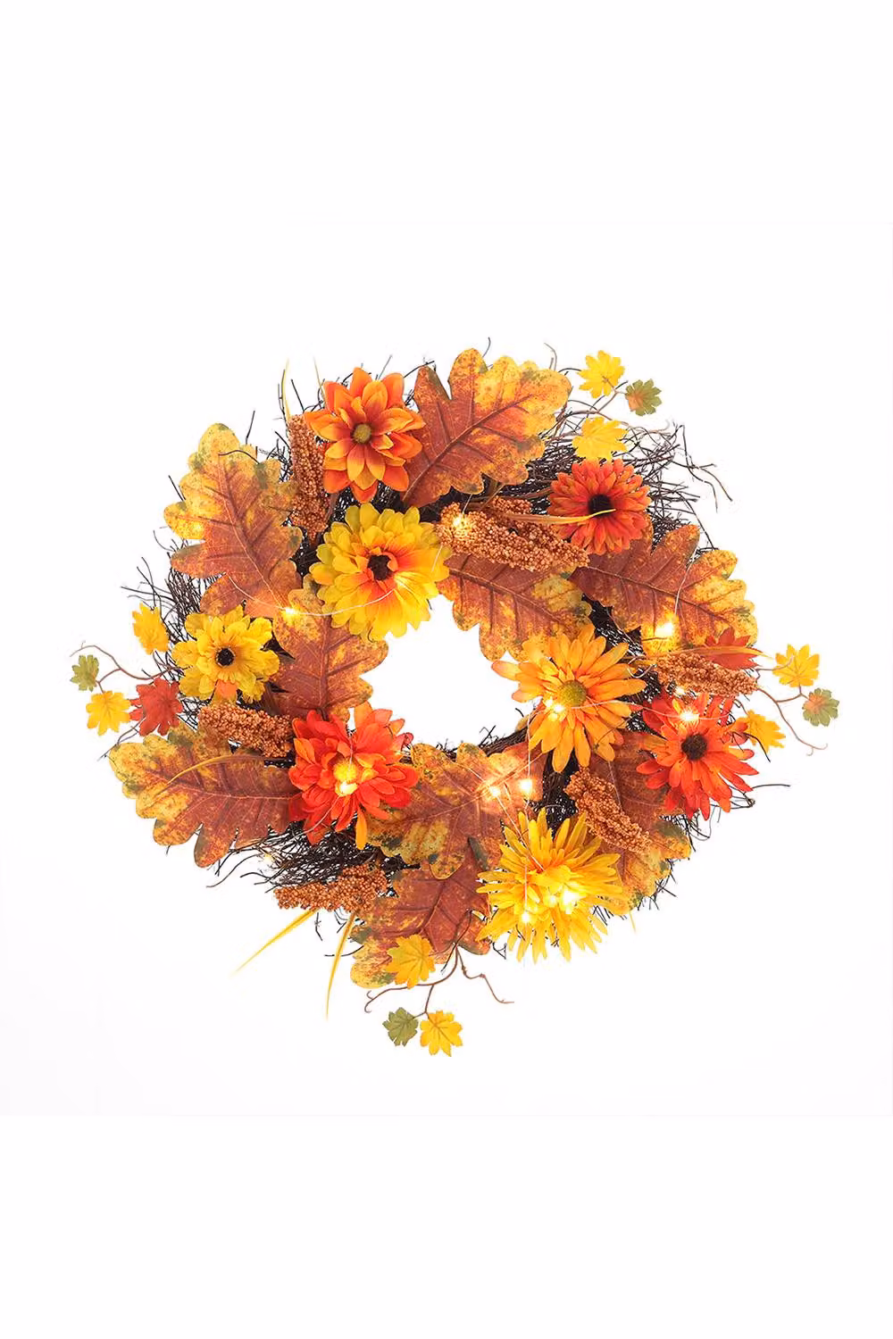 H&O Direct Autumn Daisy and Maple Leaf Wreath Hanging Decoration with LED Light, Brown, Diameter: 55 cm – 4