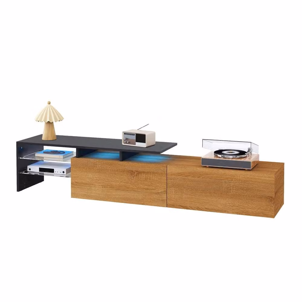 Matteo Modern TV Cabinet in Black and Wood Look with Integrated Lighting and Glass Details, W/D/H: 170.0 x 33.0 x 33.5 cm – 3