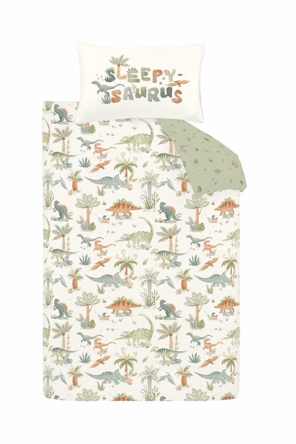 Catherine Lansfield Brushed Sleepy Saurus Dino Reversible Cotton Flannelette Duvet Cover Set, Cream, W/H: 90 x 200 cm – 2