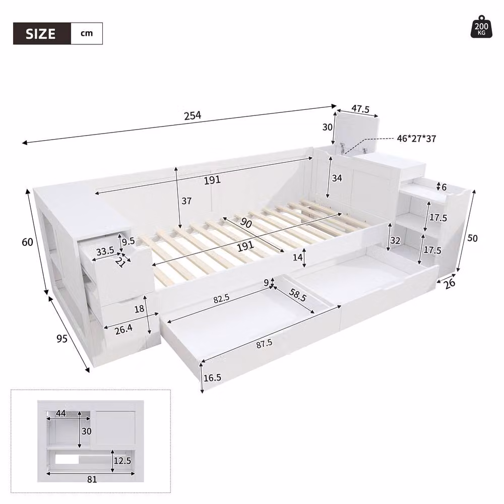 STILVORA Single Day Bed with Drawers and Shelves, White, W/D/H: 90 x 190 cm – 3