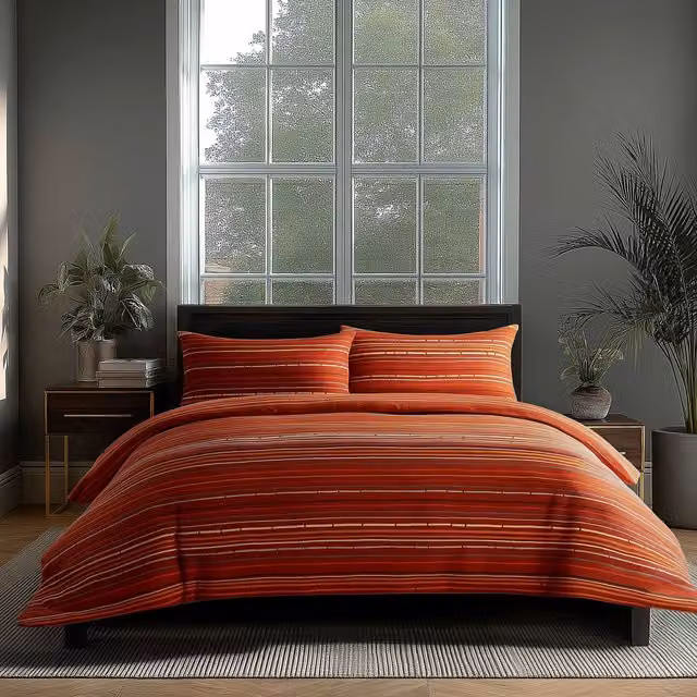 Snug City Blue and Red Striped Duvet Cover and Pillowcase Set in Polycotton Linen, W: 200 cm x D: 200 cm