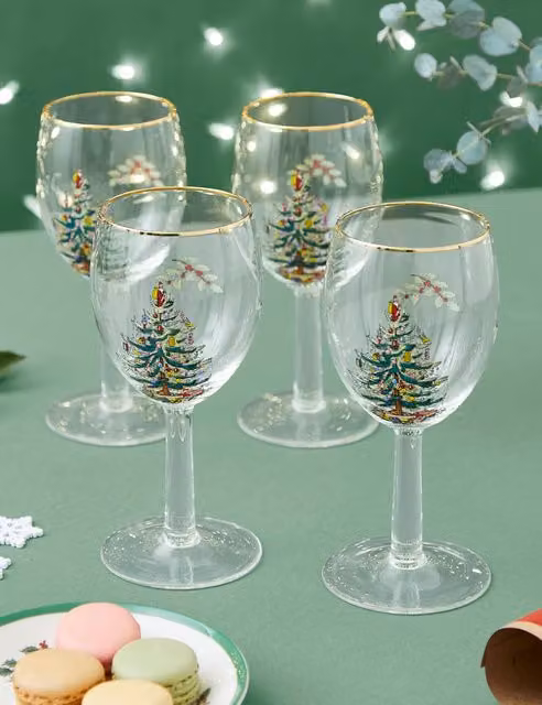 Spode Set of 4 Multicolour Christmas Tree Wine Glasses with Gold Details