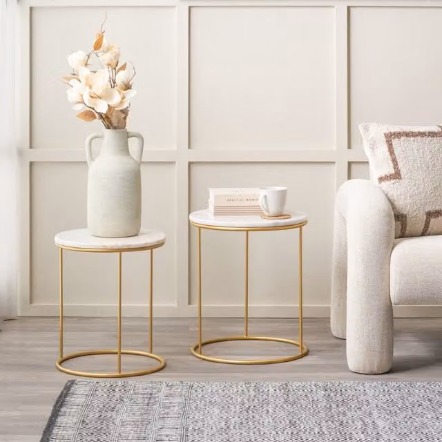Pacific Lifestyle Milly Set of 2 Modern Marble and Gold Metal Side Tables in White