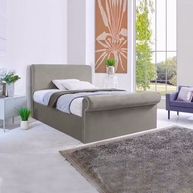 Desire Deco Super Sleigh Bed Frame in Silver Velvet Upholstery, W/D/H: 200 x 200 cm