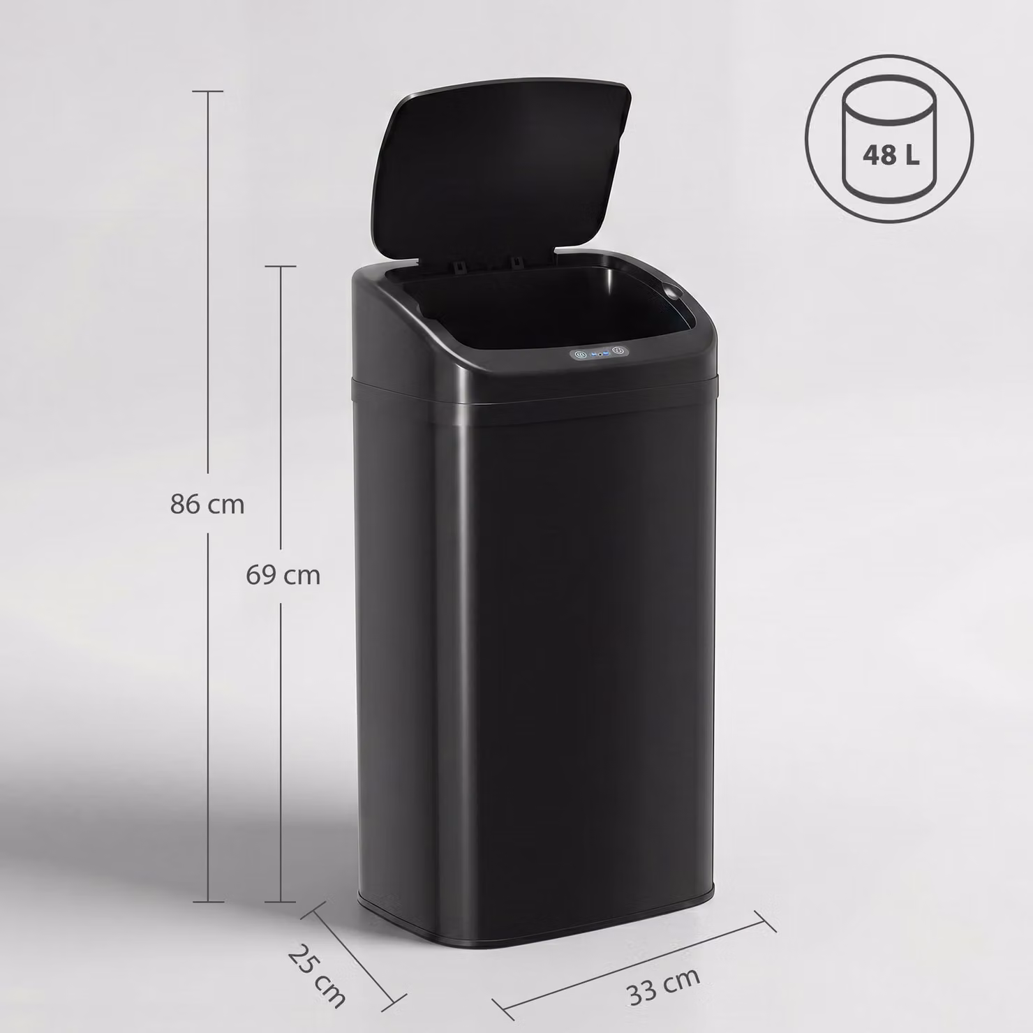 HOMCOM 48L Black Galvanised Steel Sensor Bin with Fingerprint-Proof Finish – 3