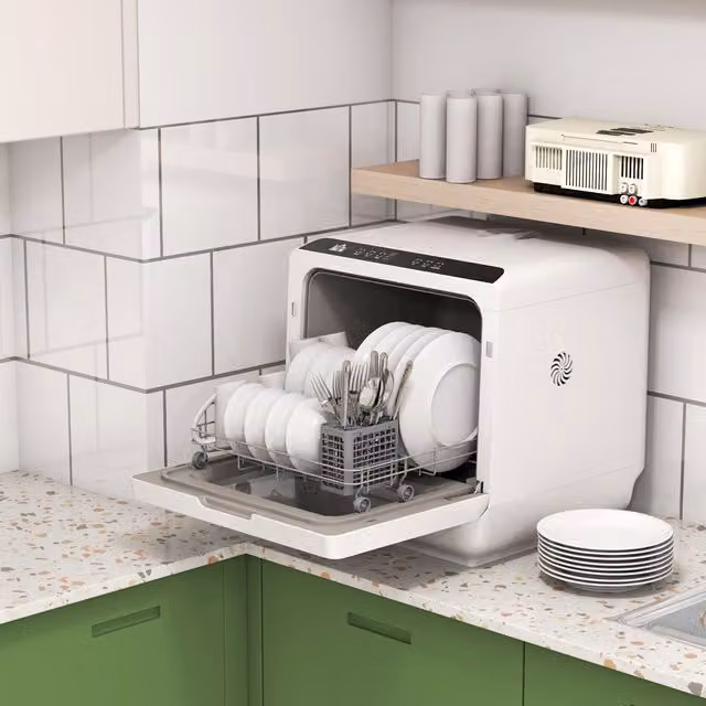 HOMCOM Countertop Dishwasher with 6 Programs, 4 Place Settings, Black and White