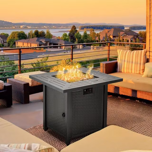 OUTSUNNY Black Rattan Outdoor Propane Gas Fire Pit Table with Rain Cover, W/D/H: 71 x 62 x 71 cm