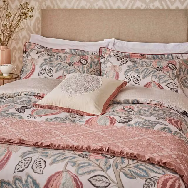 Sanderson Cantaloupe Super Kingsize Cotton Mako Satin Floral Duvet Cover and Pillowcase Set in Blush and Dove Pink