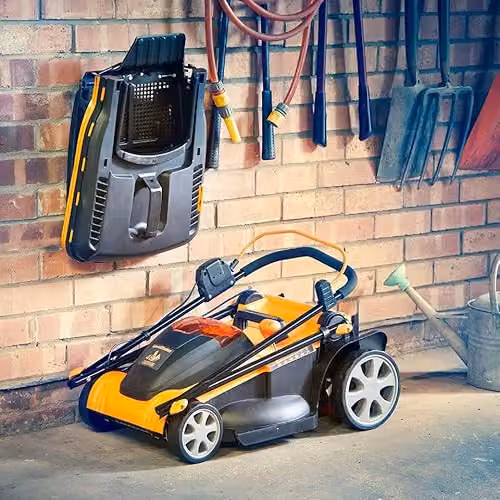 LawnMaster 48V 41cm Cordless Lawnmower in Orange with Spare Battery, Collection Bag and Mulching Kit – 6