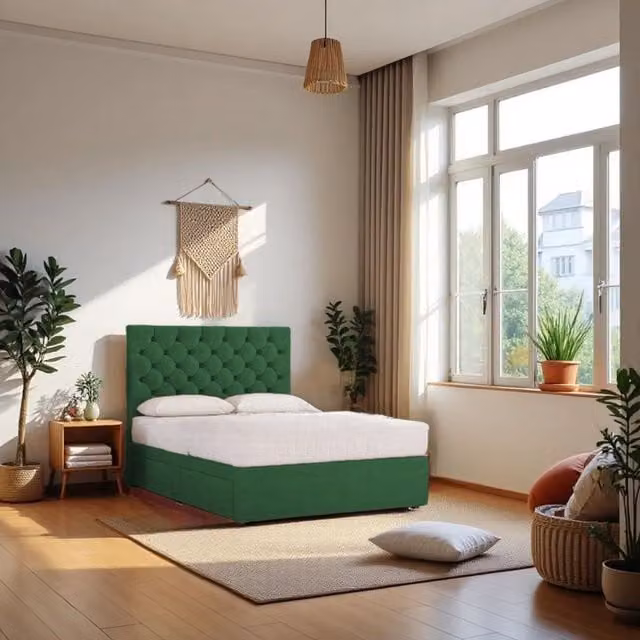 Knight Sleep Athens Plush Bed Set with Hybrid Mattress and 2 Drawers in Emerald Green, W/D/H: 120 x 200 x 61 cm – 1