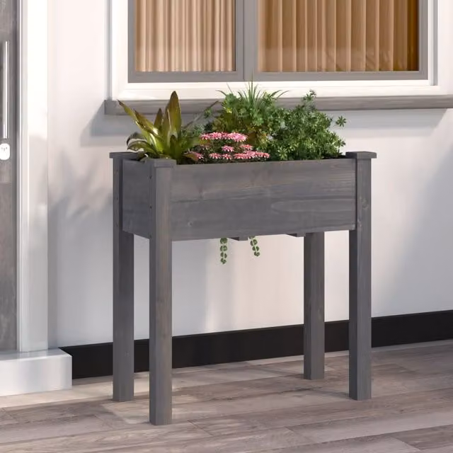 Berkfield Home Grey Solid Wood Fir Planter with Liner W: 71 cm, D: 37 cm, H: 76 cm – 1