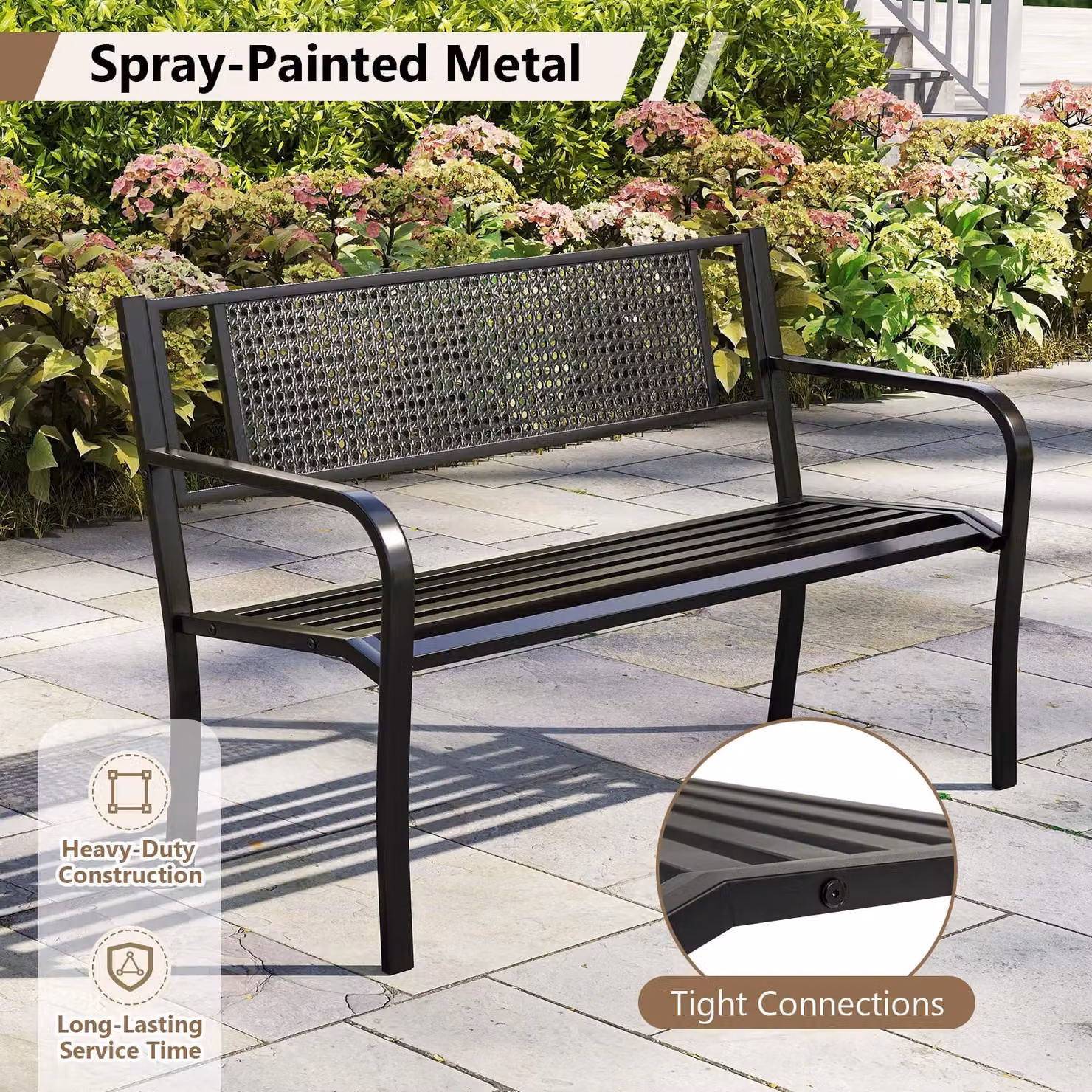 Gymax Black Metal Garden Bench with Geometric Patterned Backrest and Armrests, Width: 127 cm – 7