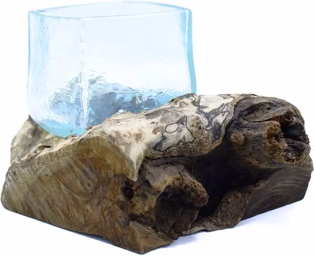 KDMD Molten Crackled Glass Tabletop Tank on Wood in Brown