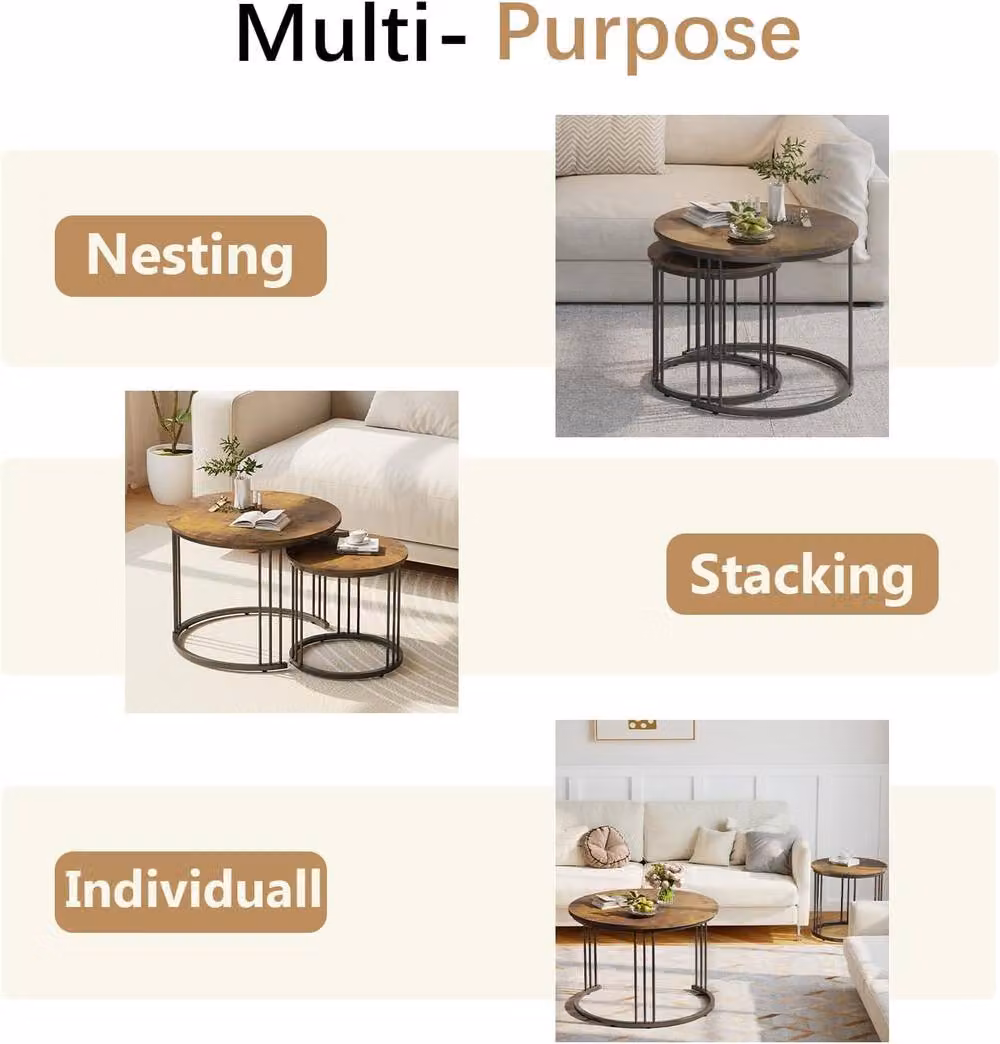 Huhote Set of 2 Brown Round Nesting Coffee and Side Tables with Metal Frame – 4