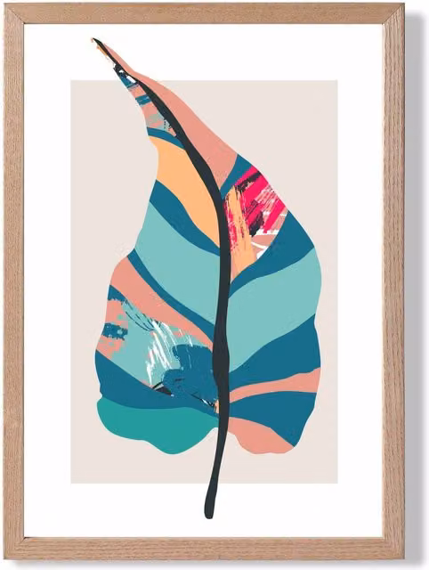 ARTZE Tropical Plant Boho Botanical Framed Print in Blue and Pink with Oak Frame, A3