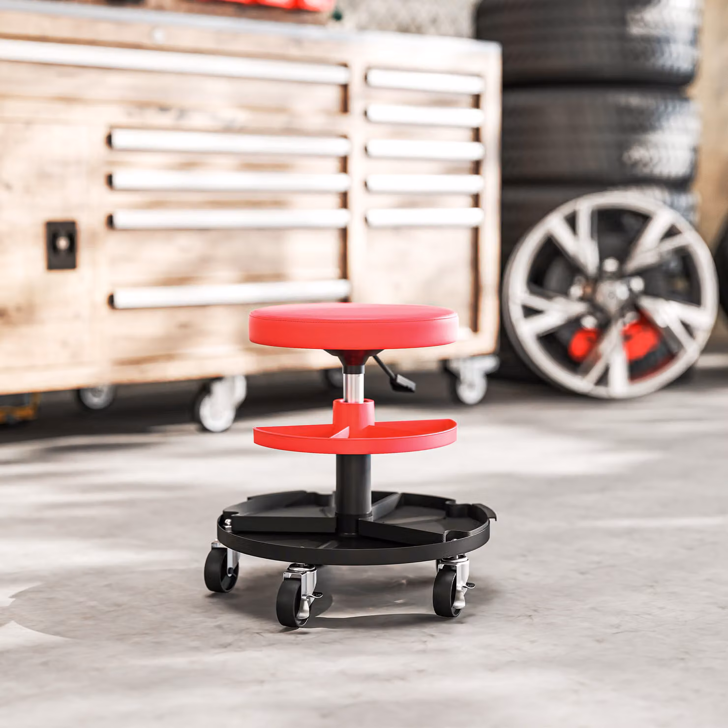 HOMCOM Rolling Mechanic Stool in Red with 360 Degree Swivel, Castors and Tool Tray Storage – 7