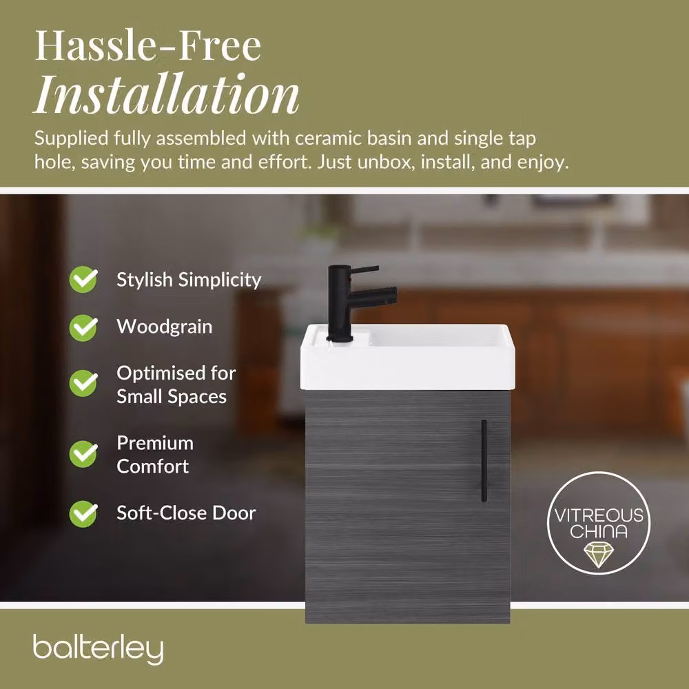Balterley Wall Mounted Vanity Basin in Grey with Anthracite and Matt Black Handle, Width: 40 cm – 5